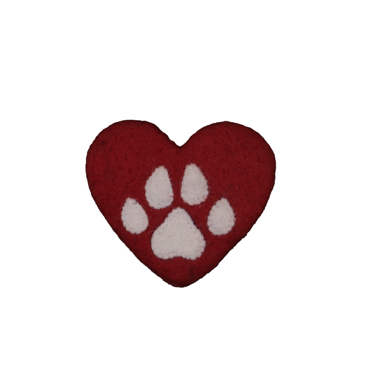 This Global Groove Life, handmade, ethical, fair trade, eco-friendly, sustainable, red 100% New Zealand  wool felt heart ornament with dog paw, was created by artisans in Kathmandu Nepal and will be a beautiful addition to your Christmas tree this holiday season.