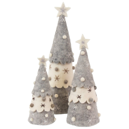 This Global Groove Life, handmade, ethical, fair trade, eco-friendly, sustainable, grey and white felt tabletop Christmas tree set was created by artisans in Kathmandu Nepal and will bring colorful warmth and fun to your home this season.