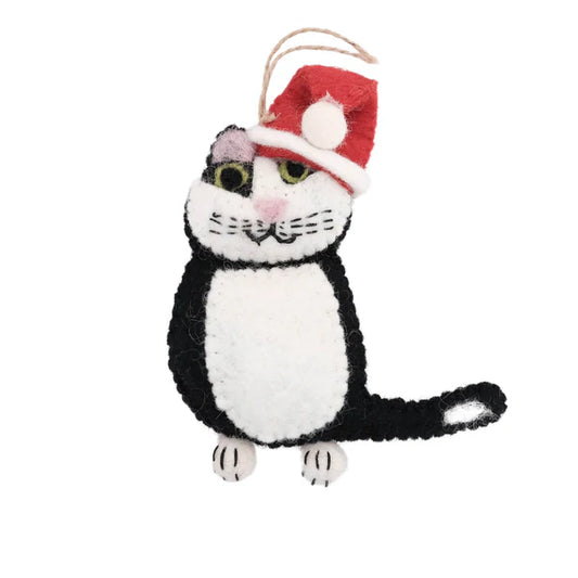 This Global Groove Life, handmade, ethical, fair trade, eco-friendly, sustainable, 100% New Zealand Wool, black and white and red, felt kitty ornament with Santa hat was created by artisans in Kathmandu Nepal and will be a beautiful addition to your Christmas tree this holiday season.