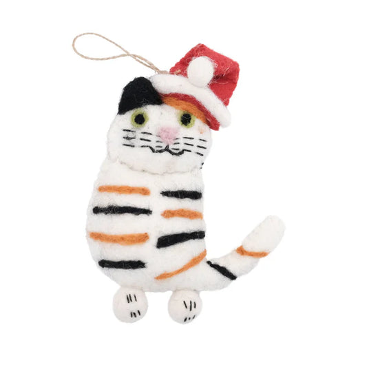 This Global Groove Life, handmade, ethical, fair trade, eco-friendly, sustainable, 100% New Zealand Wool, black and white, orange and red, felt kitty ornament with Santa hat was created by artisans in Kathmandu Nepal and will be a beautiful addition to your Christmas tree this holiday season.