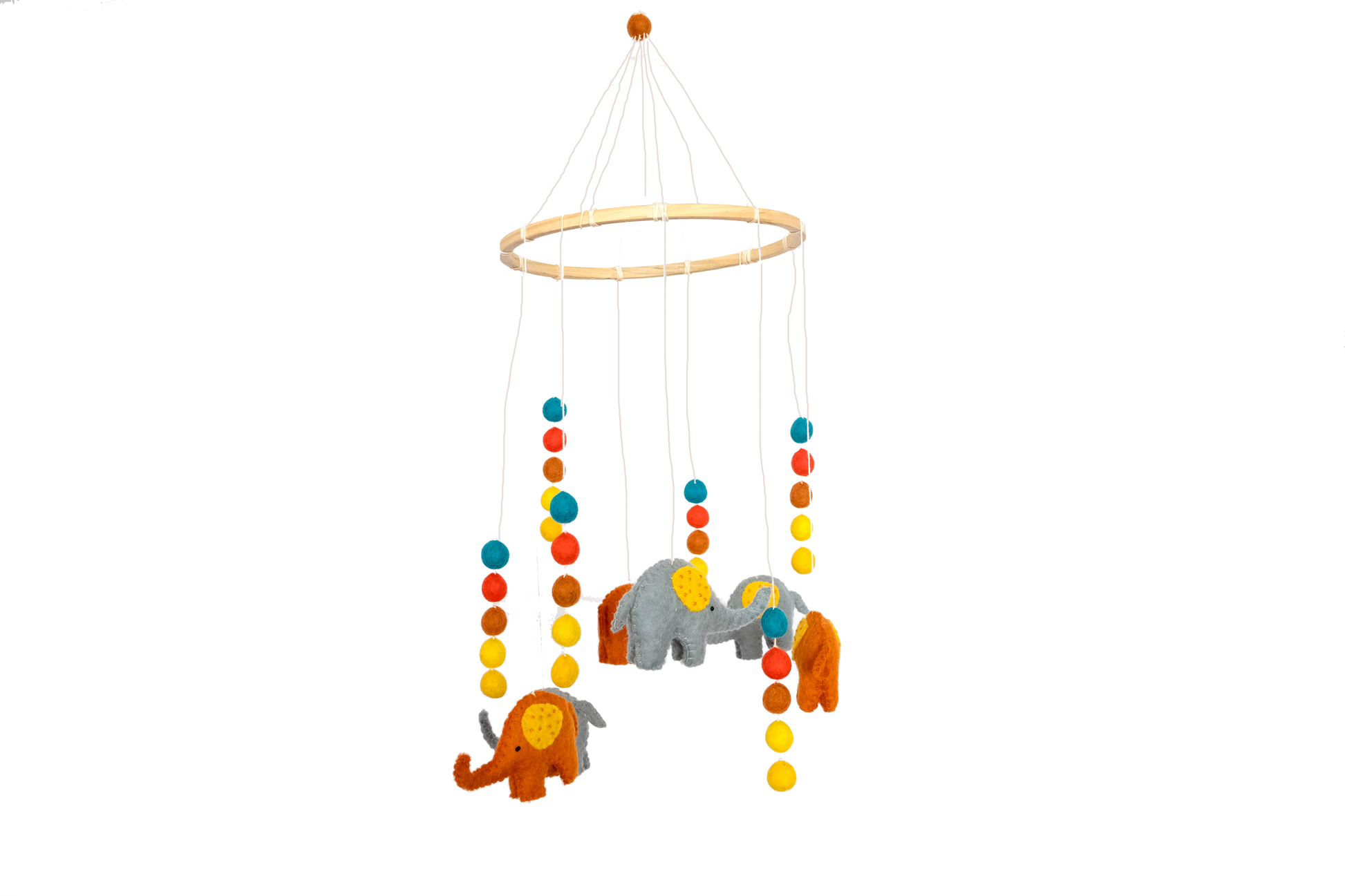 This Global Groove Life, handmade, ethical, fair trade, eco-friendly, sustainable, New Zealand wool felt, yellow, blue, red, orange &, white, Colorful Elephant Felt Mobile with elephant and pom pom motif, was created by artisans in Kathmandu Nepal and will be a beautiful and fun addition to your hom