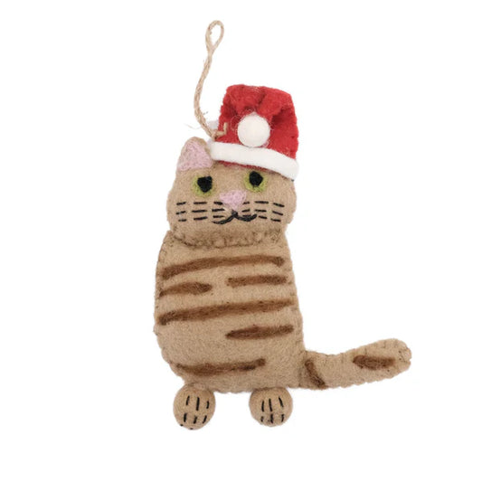 This Global Groove Life, handmade, ethical, fair trade, eco-friendly, sustainable, 100% New Zealand Wool, ginger felt kitty ornament with Santa hat was created by artisans in Kathmandu Nepal and will be a beautiful addition to your Christmas tree this holiday season.