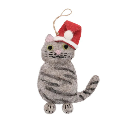 This Global Groove Life, handmade, ethical, fair trade, eco-friendly, sustainable, 100% New Zealand Wool, grey felt kitty ornament with red Santa hat was created by artisans in Kathmandu Nepal and will be a beautiful addition to your Christmas tree this holiday season.