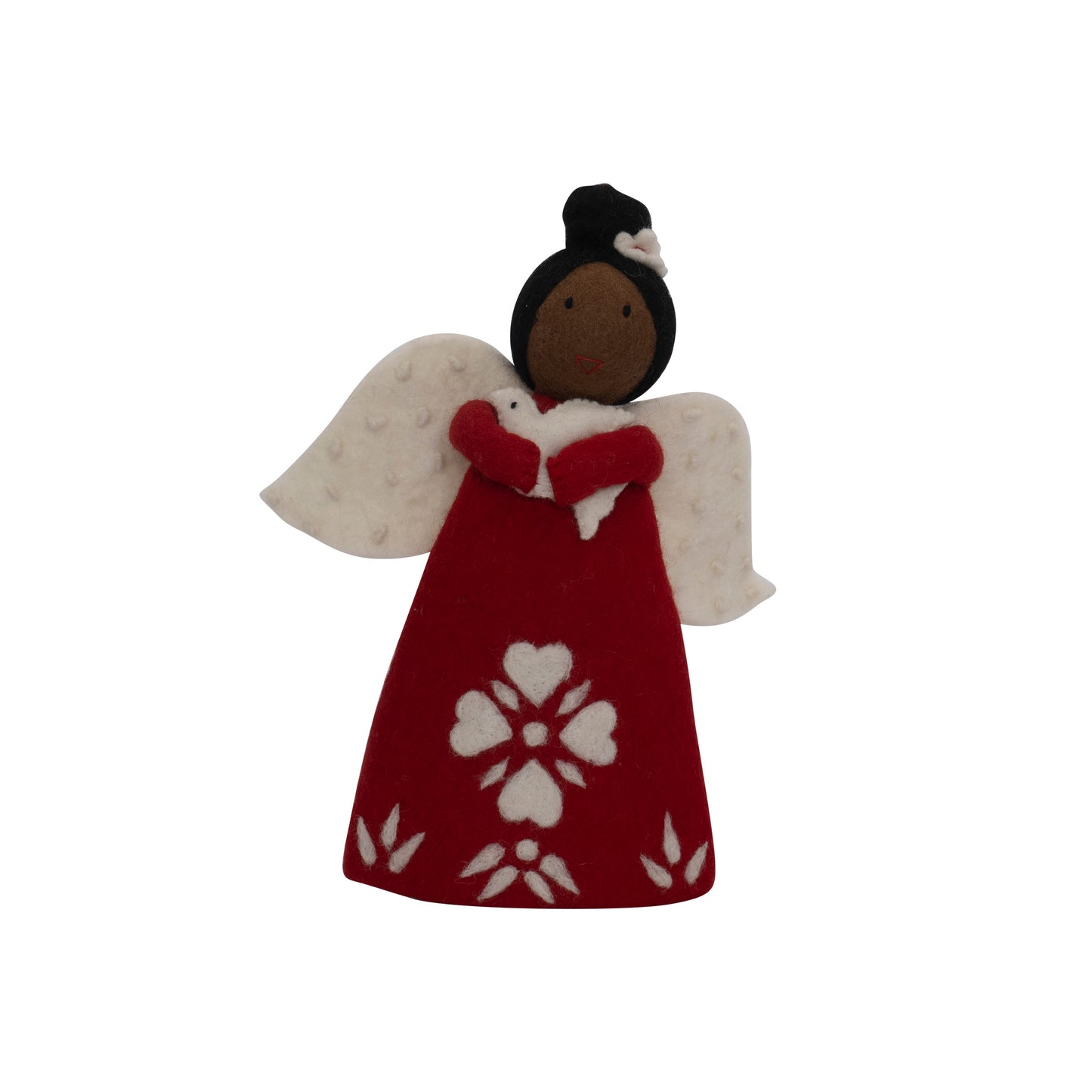 This Global Groove Life, handmade, ethical, fair trade, eco-friendly, sustainable, red & white felt, Peace Dove  Angel tree topper, was created by artisans in Kathmandu Nepal and will be a brilliantly beautiful addition to your Christmas tree this holiday season.