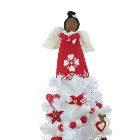 This Global Groove Life, handmade, ethical, fair trade, eco-friendly, sustainable, red & white felt, Peace Dove Angel tree topper, was created by artisans in Kathmandu Nepal and will be a brilliantly beautiful addition to your Christmas tree this holiday season.
