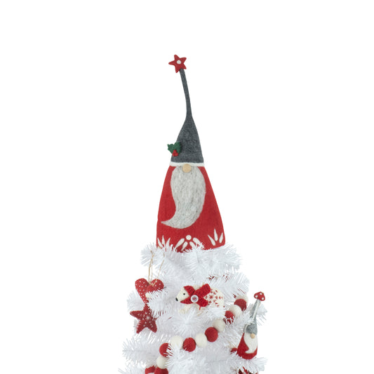 This Global Groove Life, handmade, ethical, fair trade, eco-friendly, sustainable, felt, red & grey whimsical Holiday Gnome tree topper, was created by artisans in Kathmandu Nepal and will be a brilliantly beautiful addition to your Christmas tree this holiday season.