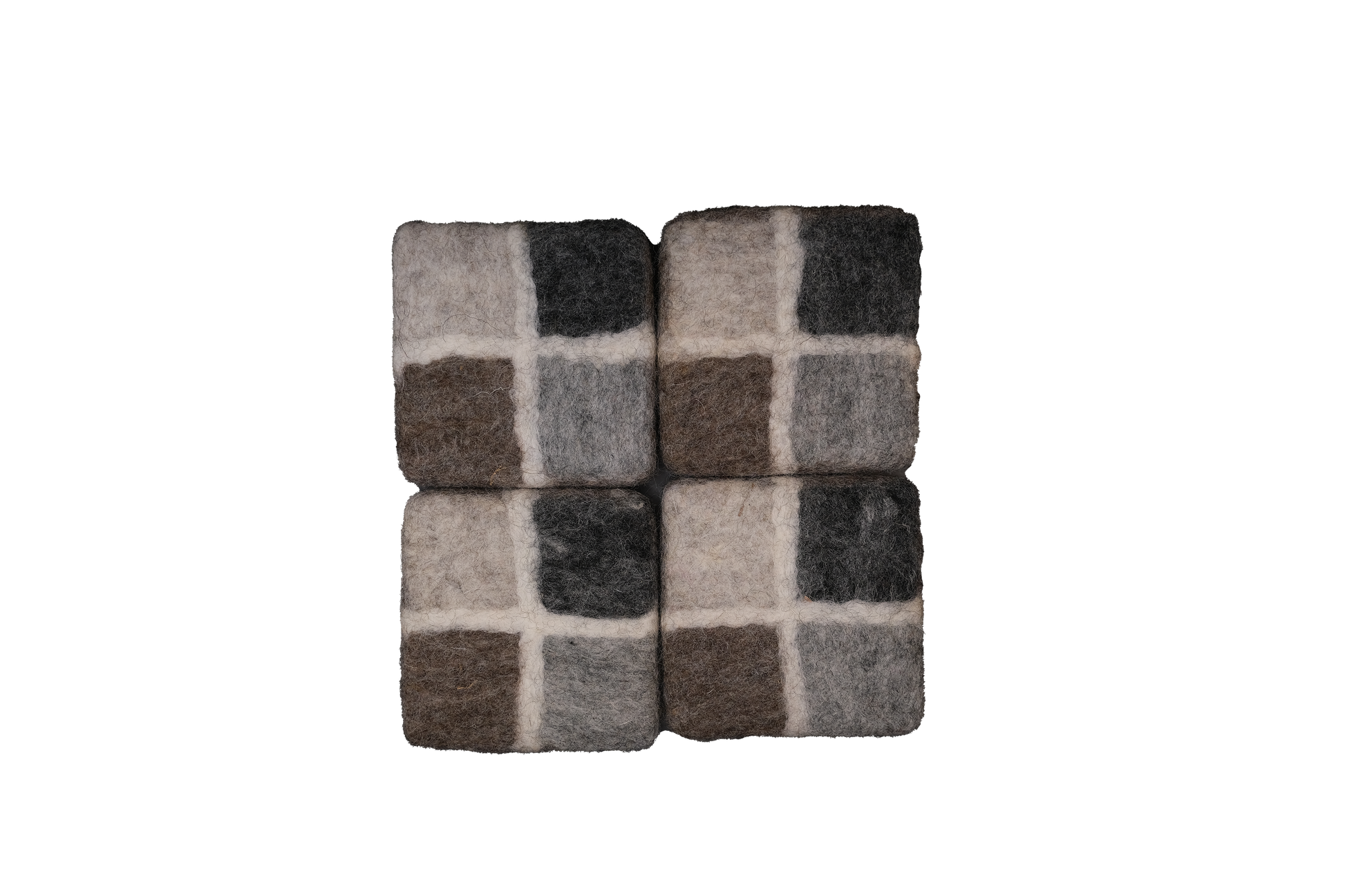 This Global Groove Life, handmade, ethical, fair trade, eco-friendly, sustainable, New Zealand wool felt, sand & stone, charcoal grey, brown, & stone coaster set, was created by artisans in Kathmandu Nepal and will bring colorful warmth and functionality to your table top.