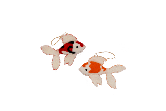 This Global Groove Life, handmade, ethical, fair trade, eco-friendly, sustainable, New Zealand wool felt, red, black & white Koi Fish and Orange, black and white Koi fish ornament set of 2, was created by artisans in Kathmandu Nepal and will bring colorful warmth and fun to your Christmas tree this season.