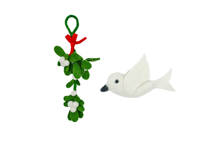 This Global Groove Life, handmade, ethical, fair trade, eco-friendly, sustainable, felt, green and white mistletoe and dove ornament set was created by artisans in Kathmandu Nepal and will be a beautiful addition to your Christmas tree this holiday season.