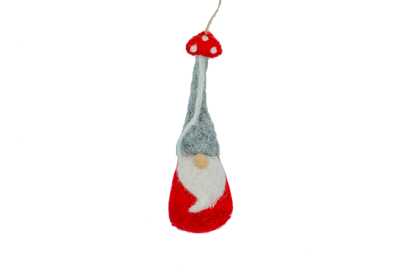 This Global Groove Life, handmade, ethical, fair trade, eco-friendly, sustainable, felt, red gnome ornament with mushroom motif, was created by artisans in Kathmandu Nepal and will be a beautiful addition to your Christmas tree this holiday season.