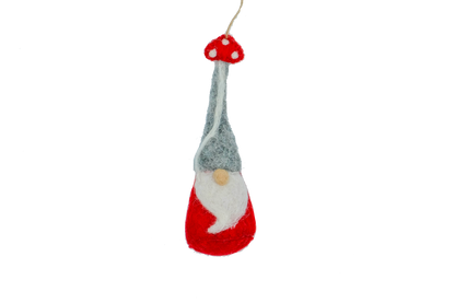 This Global Groove Life, handmade, ethical, fair trade, eco-friendly, sustainable, felt, red gnome ornament with mushroom motif, was created by artisans in Kathmandu Nepal and will be a beautiful addition to your Christmas tree this holiday season.