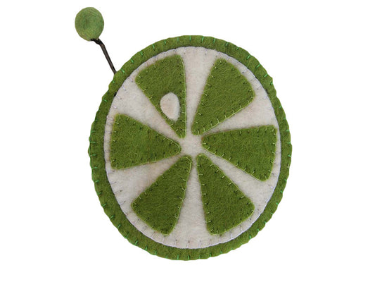 This Global Groove Life, handmade, ethical, fair trade, eco-friendly, sustainable, 100% New Zealand wool, green & white colored, Lime Slice, zipper coin purse was created by artisans in Kathmandu Nepal Edit alt text